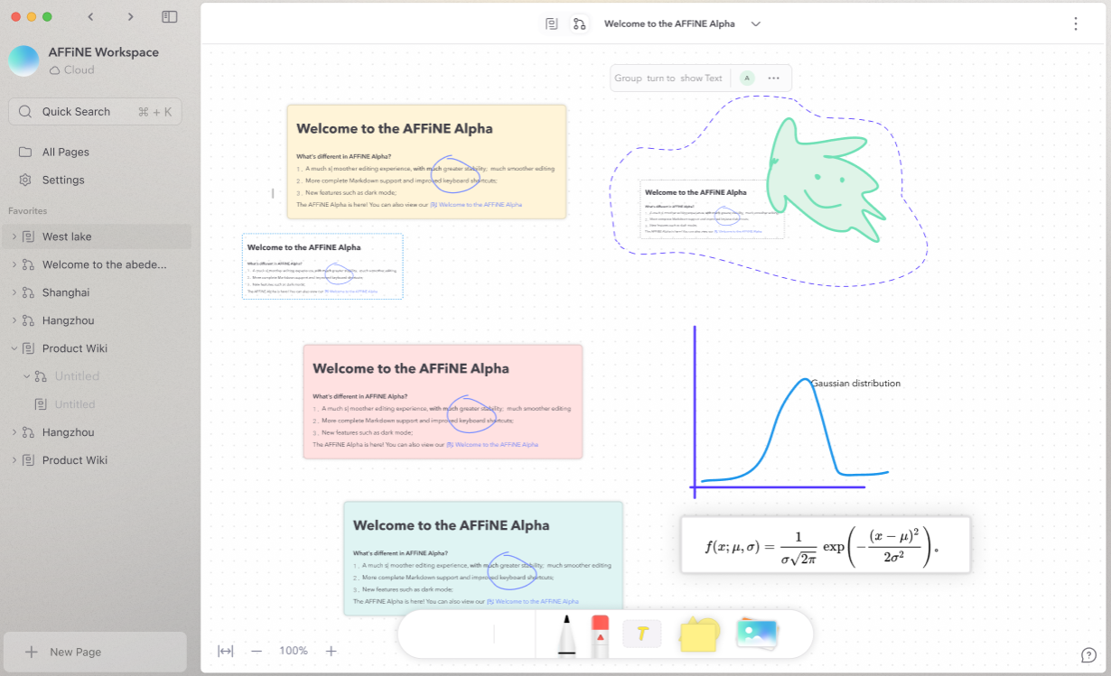 AFFiNE Whiteboard workspace actual UI screenshot