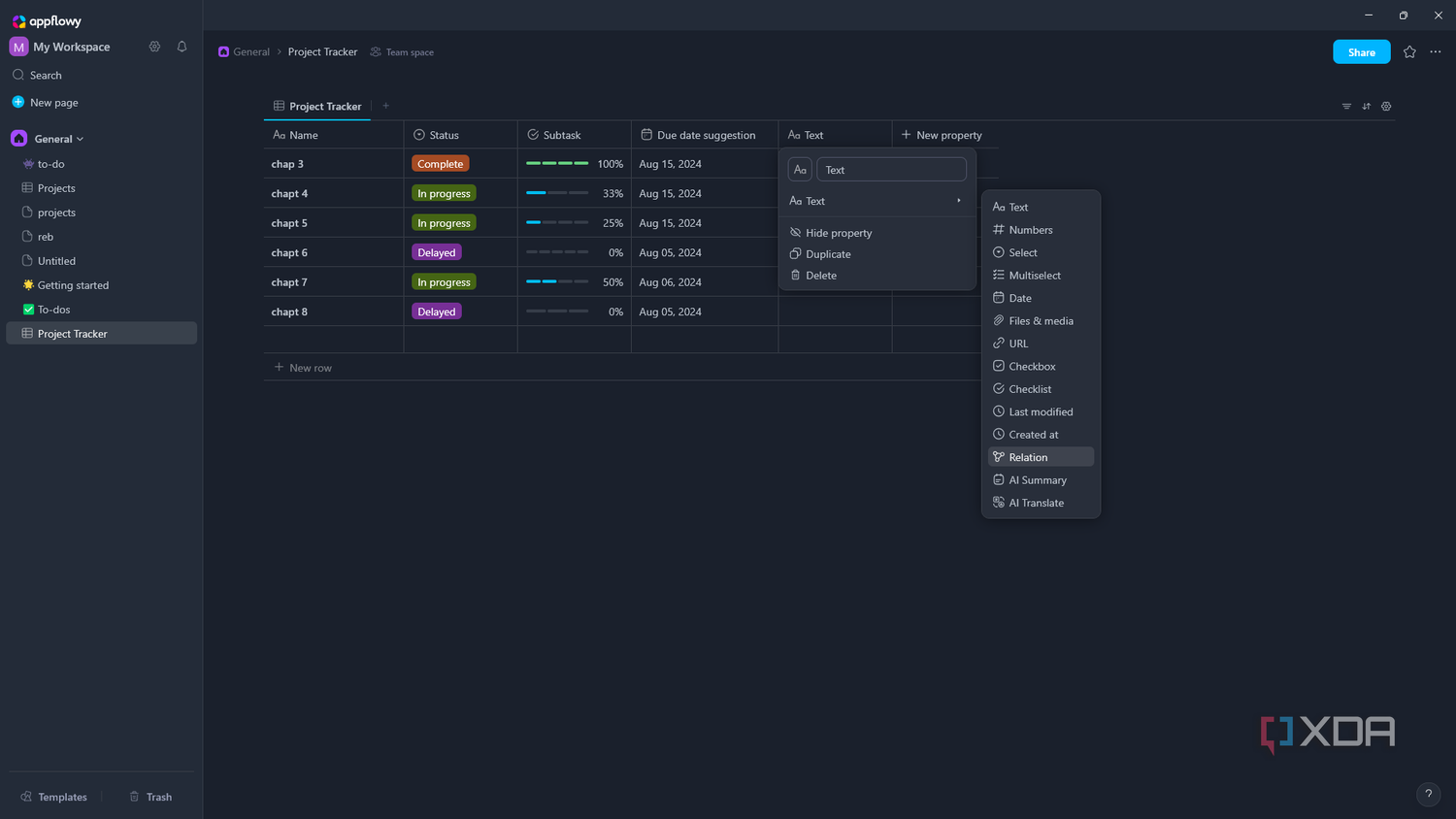 AppFlowy Database property menu actual UI screenshot
