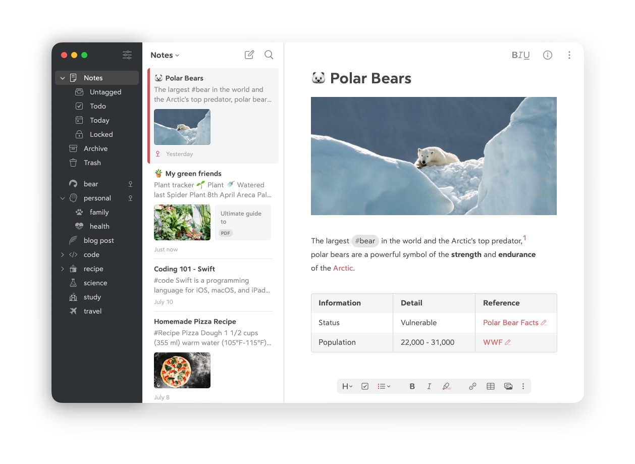 Bear Markdown editor actual UI screenshot