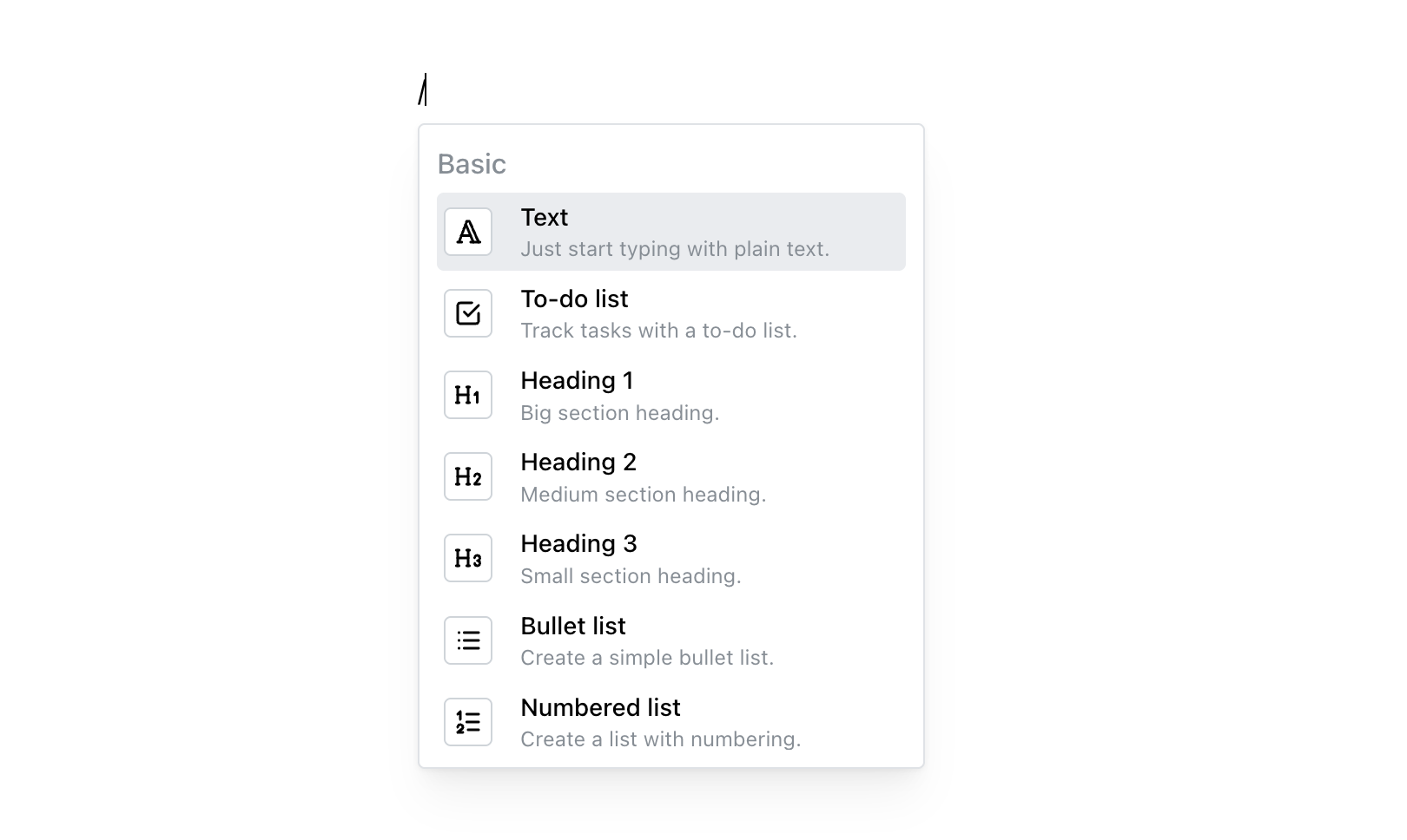 Docmost Slash menu actual UI screenshot