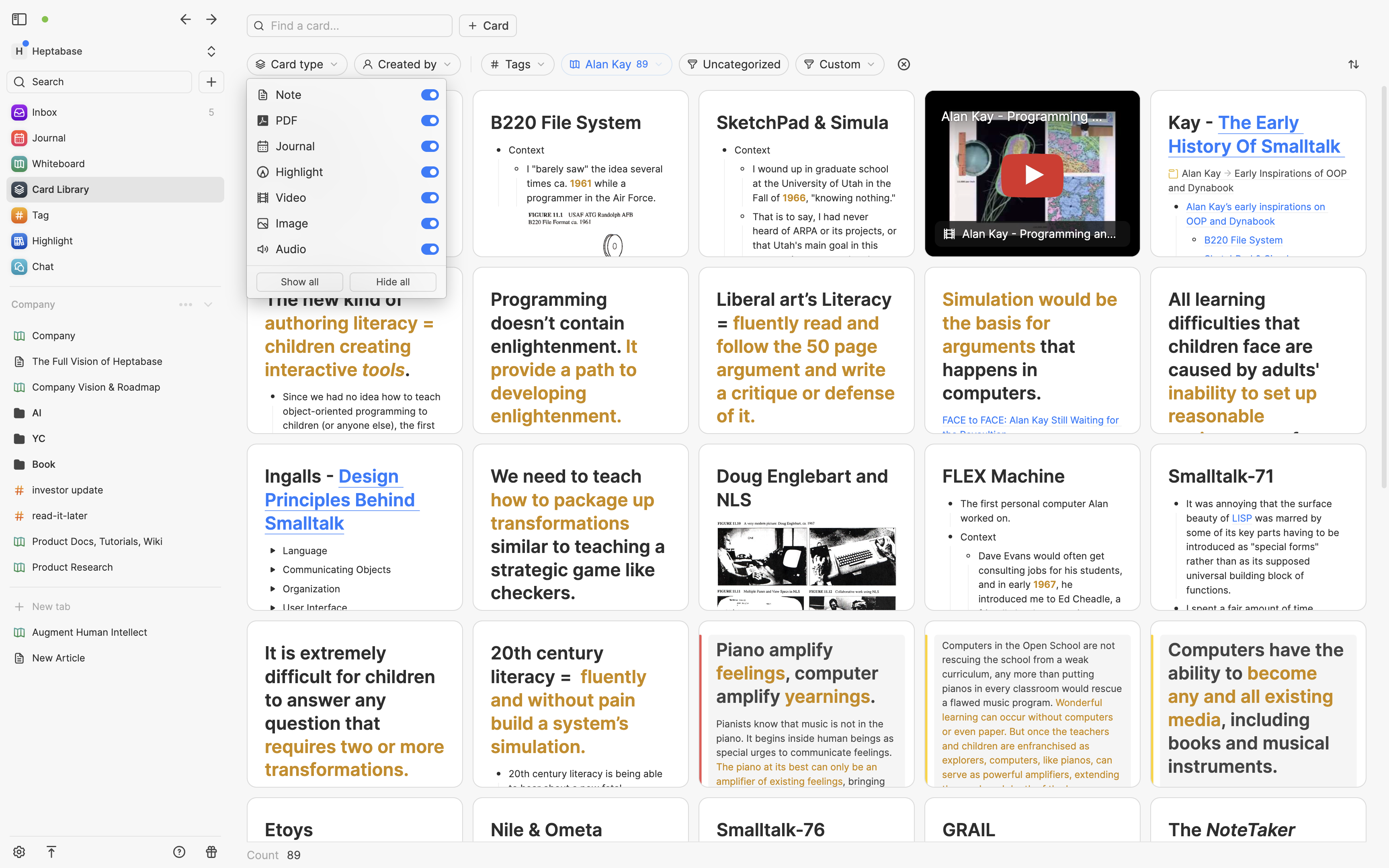 Heptabase Whiteboard elements actual UI screenshot
