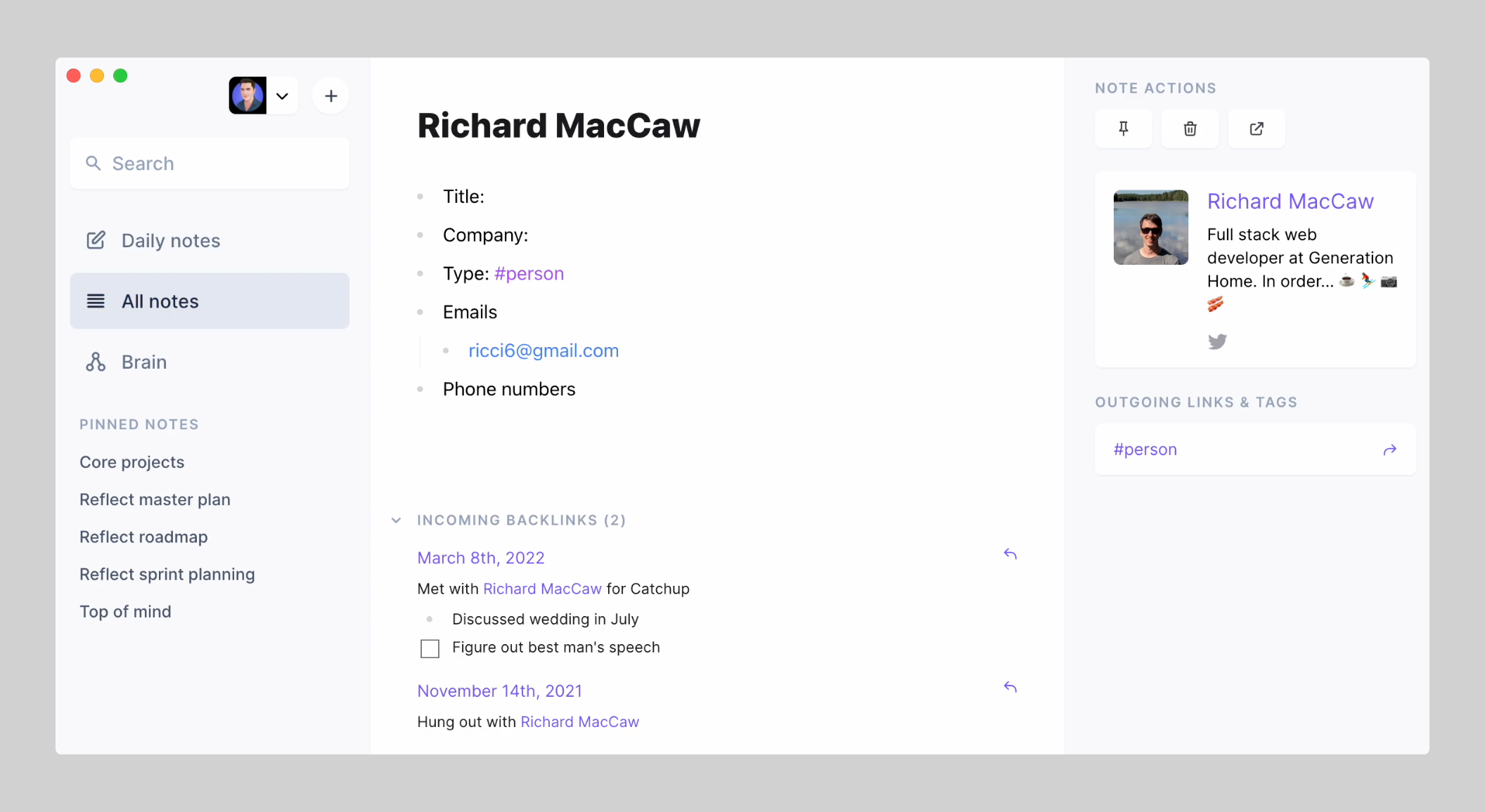 Reflect Backlinks and calendar actual UI screenshot
