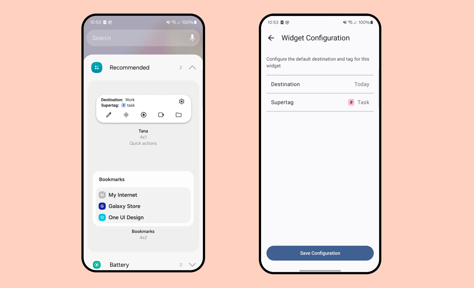 Tana Home screen widgets actual UI screenshot